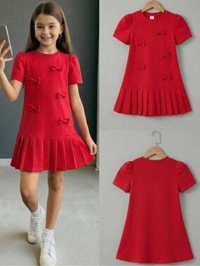 Girls Red Bow Pleated Hem Dress